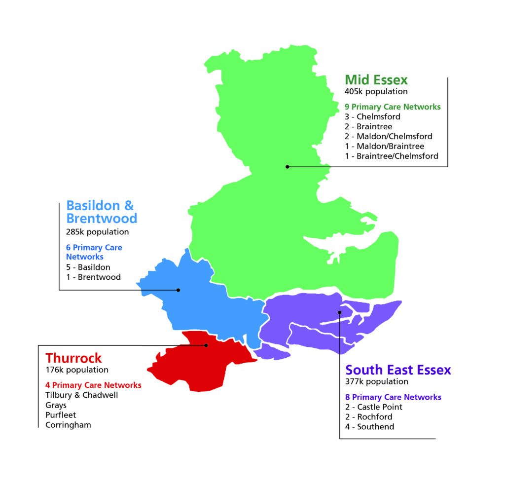 The infographic presents a colour-coded map of mid and south Essex. Four localities are shown, each shaded in a different colour and labelled with the name of the locality, population size, and the number of primary care networks. Described in the infographic content area below.
