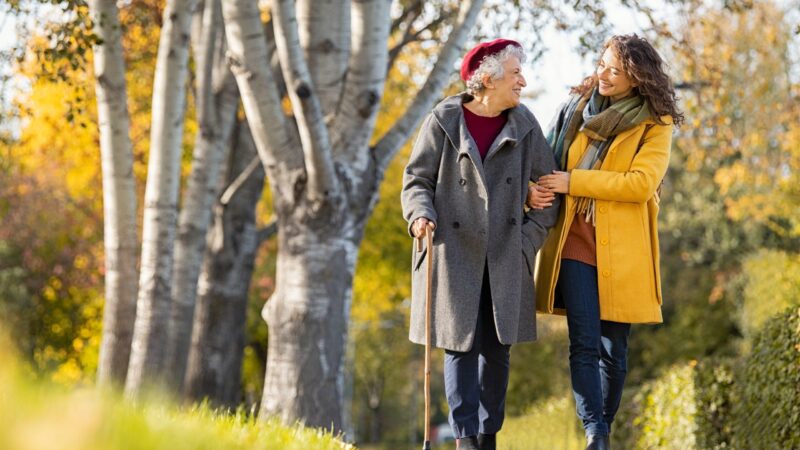 Granddaughter,Walking,With,Senior,Woman,In,Park,Wearing,Winter,Clothing.