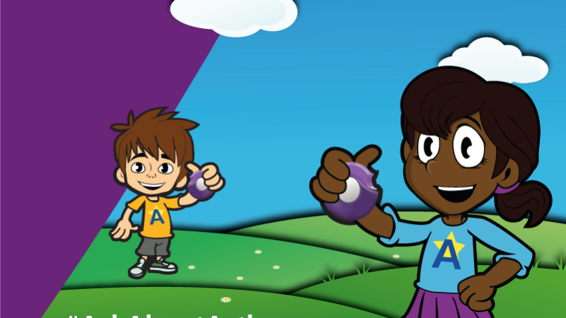 Cartoon image of a boy and girl holding an asthma pump